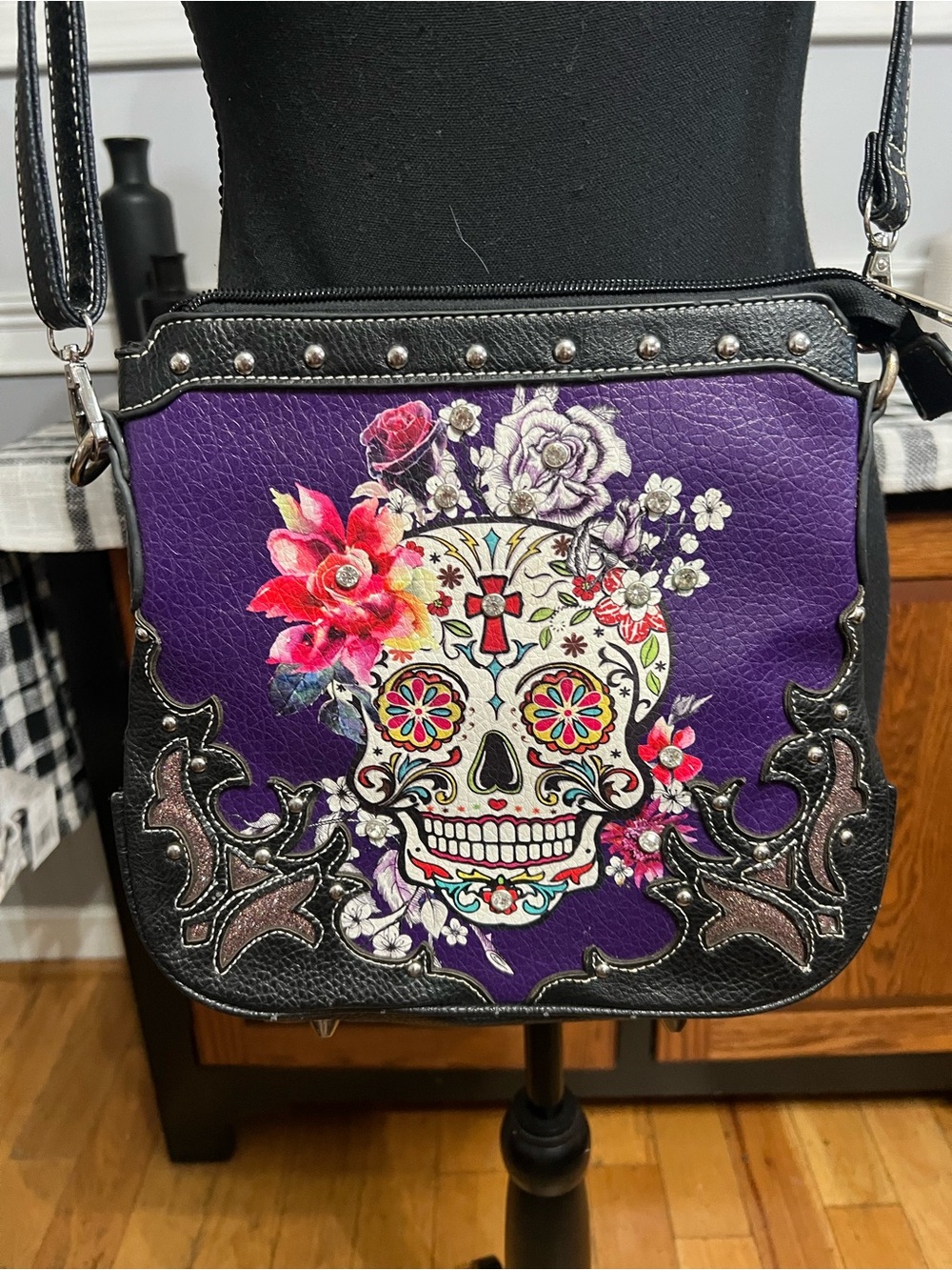 Purple Floral Sugar Skull Crossbody Bag - Women EUC